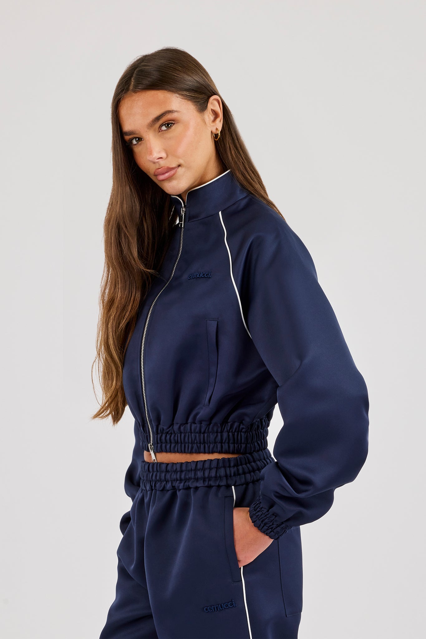 Satin Jacket With Piping - Navy